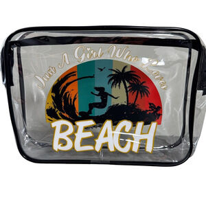 Clear Beach Travel Themed Cosmetic "Just a Girl Who Loves the Beach" Bag NWOT